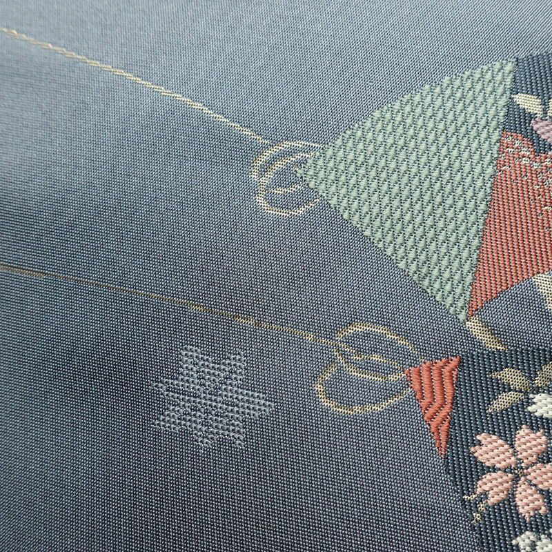 名古屋帯 六通柄 正絹 古典柄 名古屋仕立て なごや帯 リサイクル帯 帯 扇子 青・紺_画像5