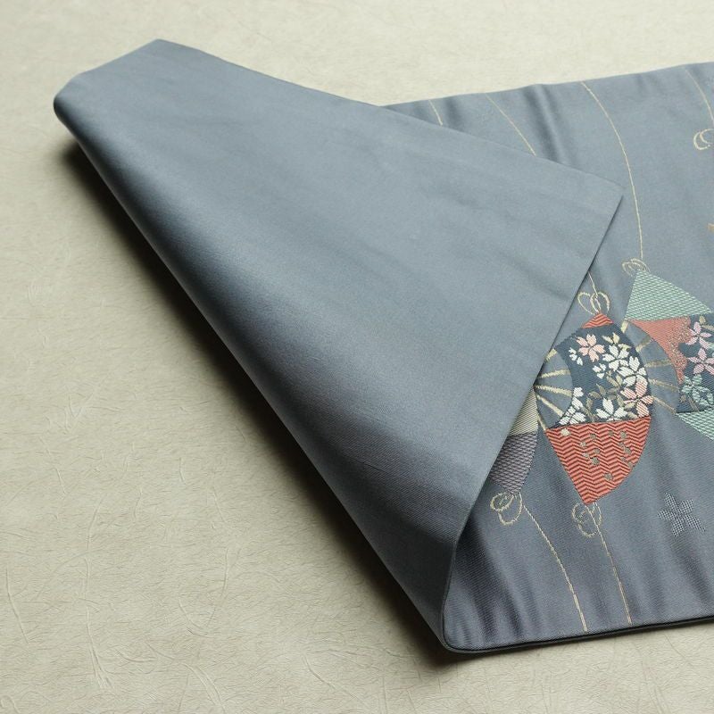 名古屋帯 六通柄 正絹 古典柄 名古屋仕立て なごや帯 リサイクル帯 帯 扇子 青・紺_画像9