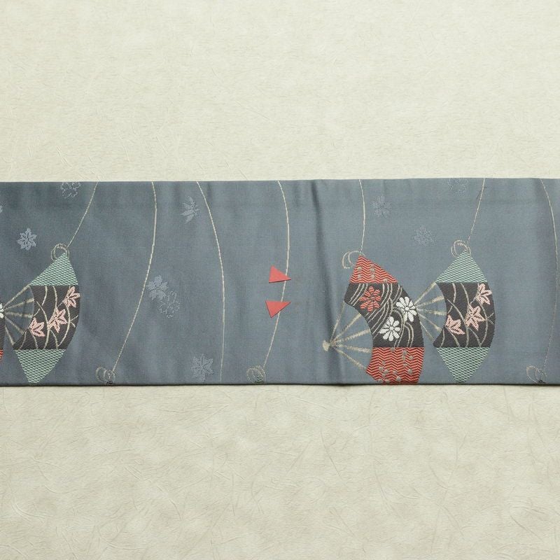 名古屋帯 六通柄 正絹 古典柄 名古屋仕立て なごや帯 リサイクル帯 帯 扇子 青・紺_画像13