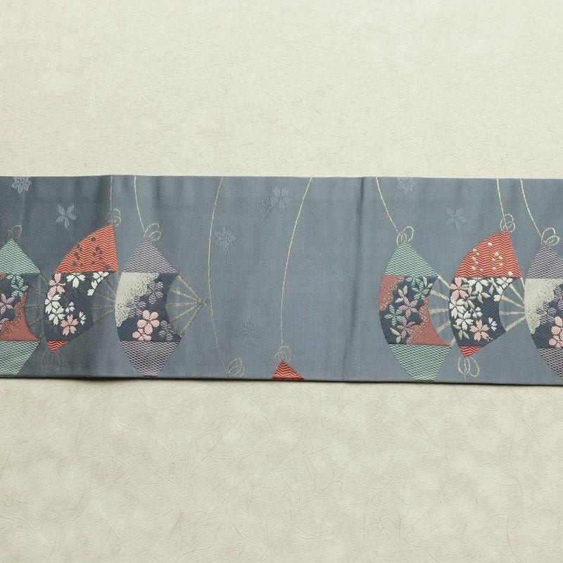 名古屋帯 六通柄 正絹 古典柄 名古屋仕立て なごや帯 リサイクル帯 帯 扇子 青・紺_画像15