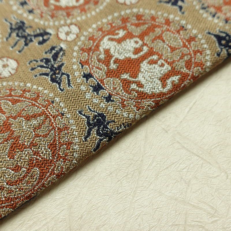 名古屋帯 全通柄 良品 正絹 幾何学柄・抽象柄 名古屋仕立て なごや帯 リサイクル帯 帯 ベージュ_画像12