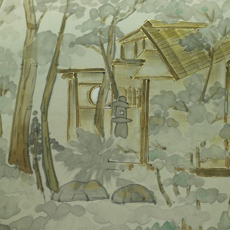 名古屋帯 太鼓柄 正絹 風景柄 名古屋仕立て なごや帯 リサイクル帯 帯 金彩 シンプル 緑・うぐいす色_画像2