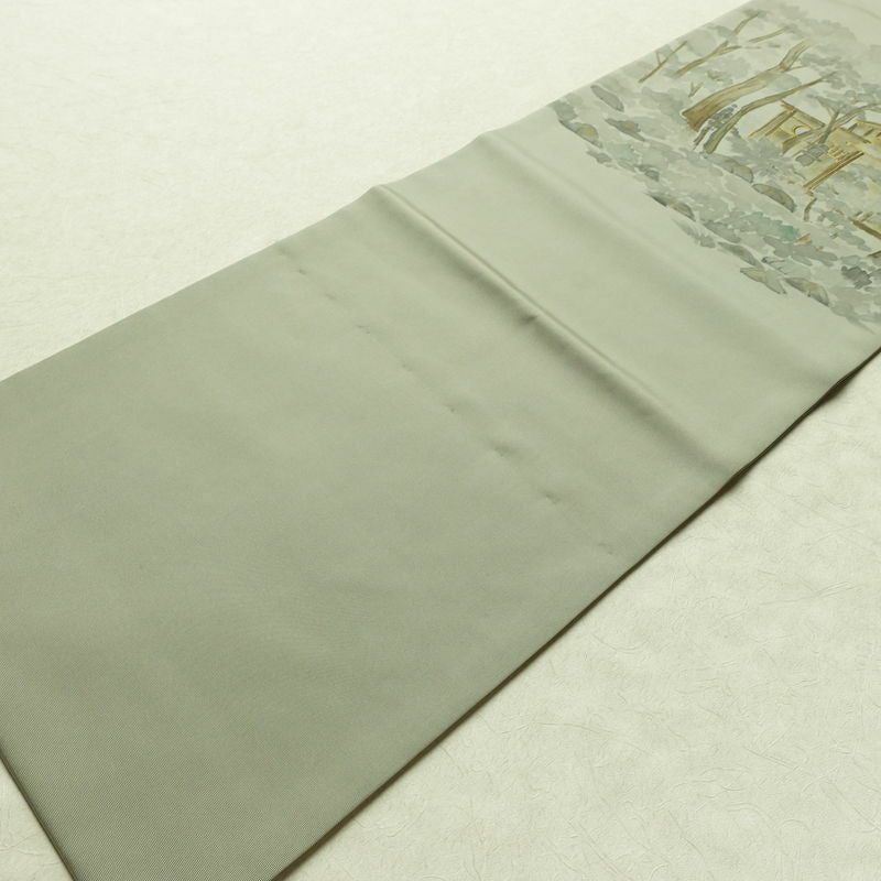 名古屋帯 太鼓柄 正絹 風景柄 名古屋仕立て なごや帯 リサイクル帯 帯 金彩 シンプル 緑・うぐいす色_画像8