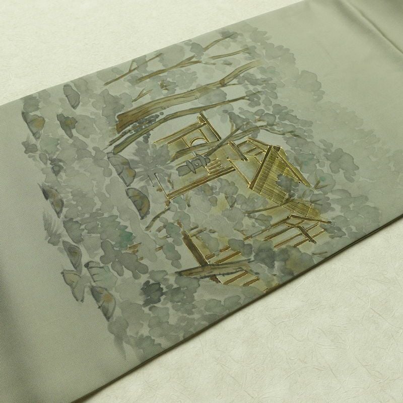 名古屋帯 太鼓柄 正絹 風景柄 名古屋仕立て なごや帯 リサイクル帯 帯 金彩 シンプル 緑・うぐいす色_画像10