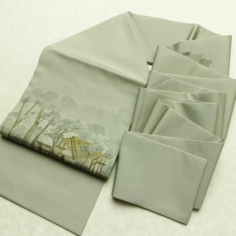 名古屋帯 太鼓柄 正絹 風景柄 名古屋仕立て なごや帯 リサイクル帯 帯 金彩 シンプル 緑・うぐいす色_画像19