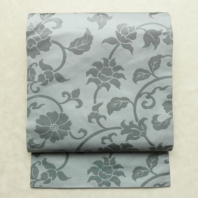 名古屋帯 六通柄 良品 正絹 花柄 名古屋仕立て なごや帯 リサイクル帯 帯 ブルーグレー グレー_画像1