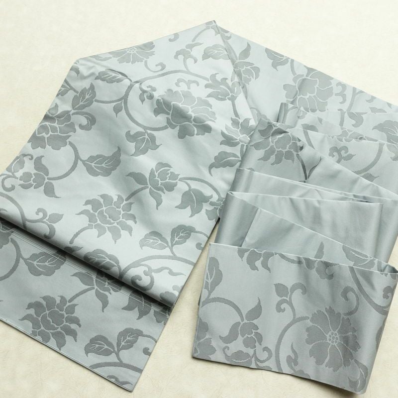 名古屋帯 六通柄 良品 正絹 花柄 名古屋仕立て なごや帯 リサイクル帯 帯 ブルーグレー グレー_画像16