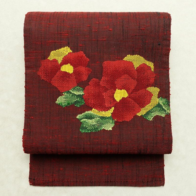 名古屋帯 六通柄 美品 正絹 花柄 名古屋仕立て なごや帯 リサイクル帯 帯 シンプル 小豆・エンジ_画像1