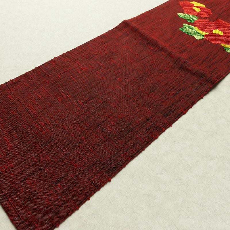 名古屋帯 六通柄 美品 正絹 花柄 名古屋仕立て なごや帯 リサイクル帯 帯 シンプル 小豆・エンジ_画像9