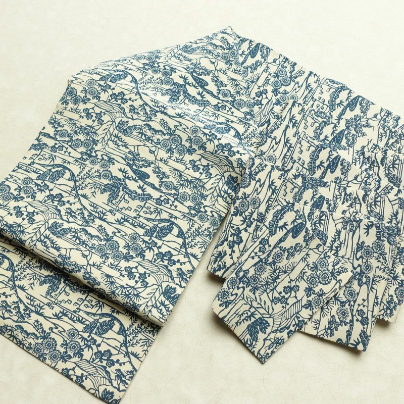 名古屋帯 全通柄 縮緬 正絹 木の葉・植物柄 名古屋仕立て なごや帯 リサイクル帯 帯 白_画像16