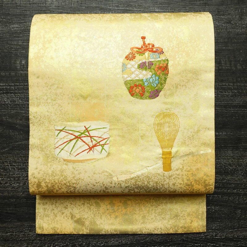 名古屋帯 太鼓柄 正絹 古典柄 名古屋仕立て なごや帯 リサイクル帯 帯 箔 シンプル 黄・黄土色_画像1