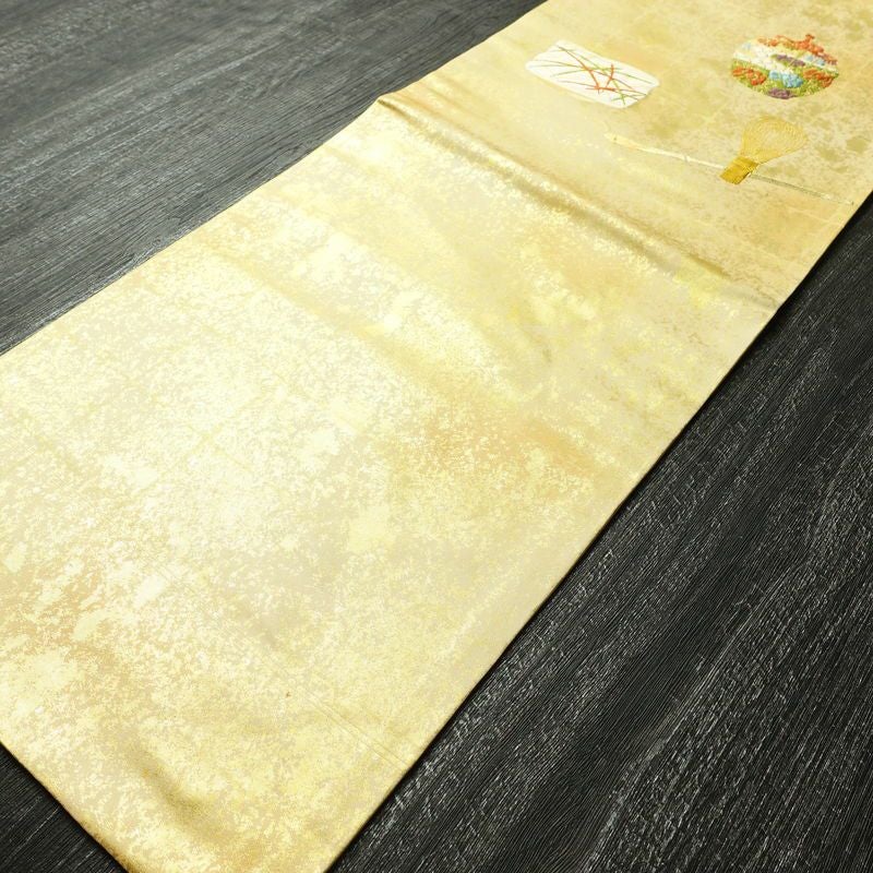 名古屋帯 太鼓柄 正絹 古典柄 名古屋仕立て なごや帯 リサイクル帯 帯 箔 シンプル 黄・黄土色_画像8