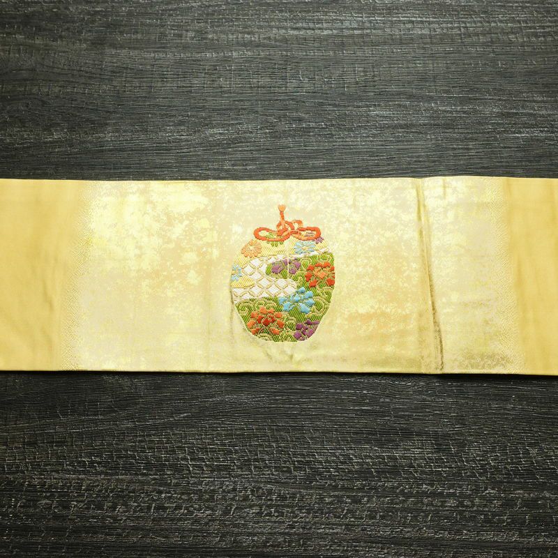 名古屋帯 太鼓柄 正絹 古典柄 名古屋仕立て なごや帯 リサイクル帯 帯 箔 シンプル 黄・黄土色_画像13