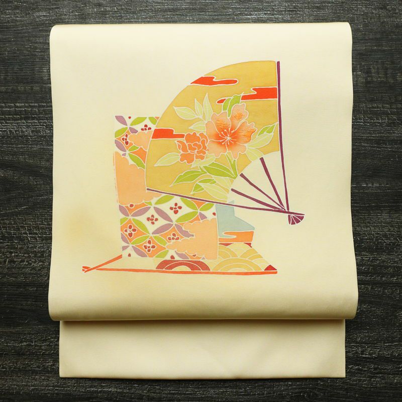 名古屋帯 太鼓柄 美品 落款入り 正絹 古典柄 名古屋仕立て なごや帯 リサイクル帯 帯 扇子 クリーム_画像1