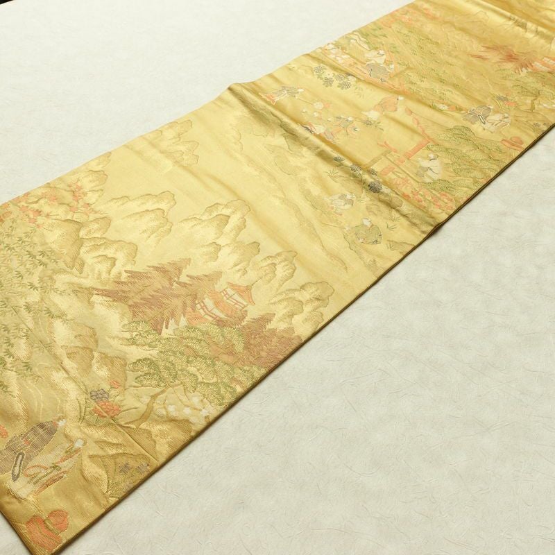 名古屋帯 六通柄 正絹 人物・動物柄 名古屋仕立て なごや帯 リサイクル帯 帯 黄・黄土色_画像10