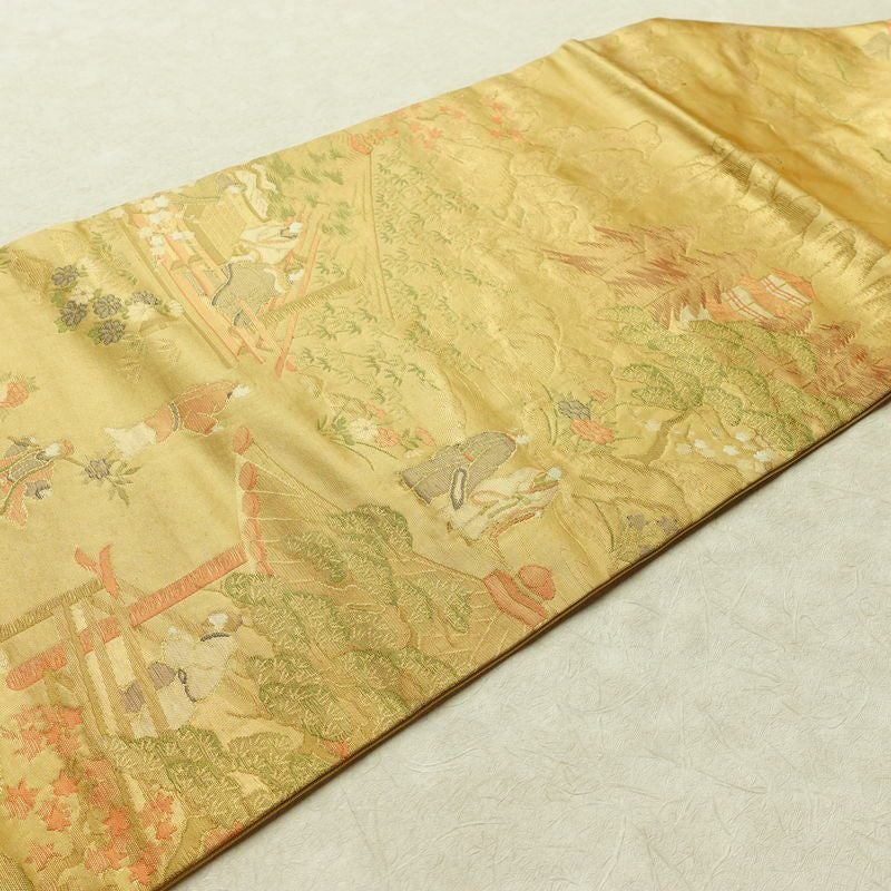 名古屋帯 六通柄 正絹 人物・動物柄 名古屋仕立て なごや帯 リサイクル帯 帯 黄・黄土色_画像12
