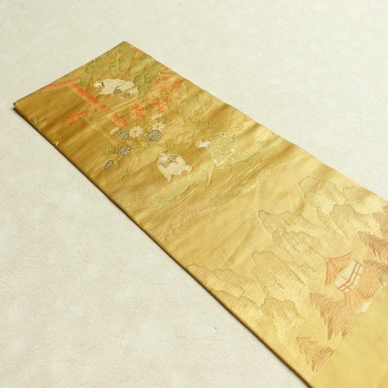 名古屋帯 六通柄 正絹 人物・動物柄 名古屋仕立て なごや帯 リサイクル帯 帯 黄・黄土色_画像16