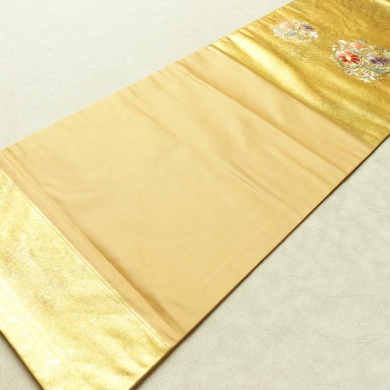 名古屋帯 太鼓柄 正絹 花柄 名古屋仕立て なごや帯 リサイクル帯 帯 刺繍 箔 黄・黄土色_画像8