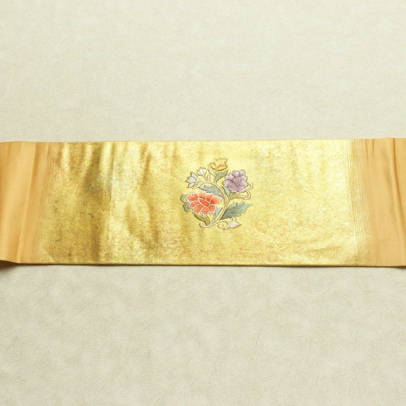 名古屋帯 太鼓柄 正絹 花柄 名古屋仕立て なごや帯 リサイクル帯 帯 刺繍 箔 黄・黄土色_画像13