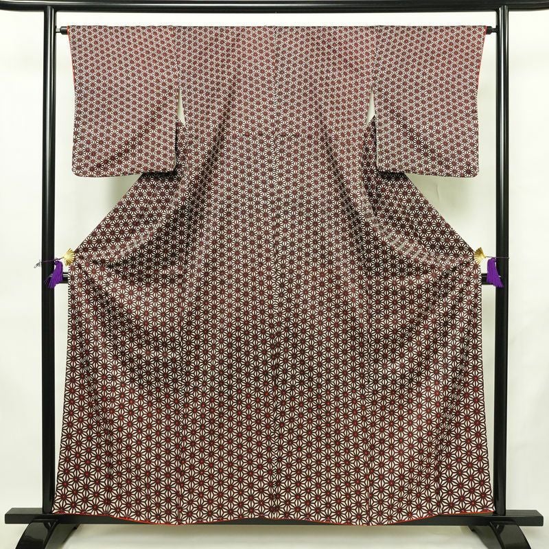 小紋 良品 付下小紋 正絹 麻の葉柄 袷仕立て 身丈158cm 裄丈64.5cm リサイクル着物 着物 赤・朱_画像1