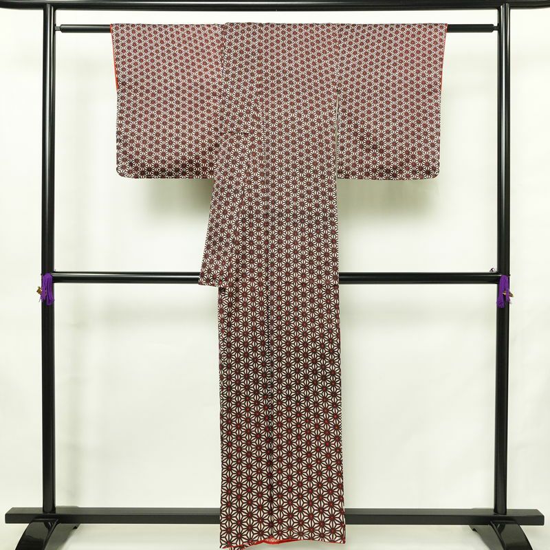 小紋 良品 付下小紋 正絹 麻の葉柄 袷仕立て 身丈158cm 裄丈64.5cm リサイクル着物 着物 赤・朱_画像2