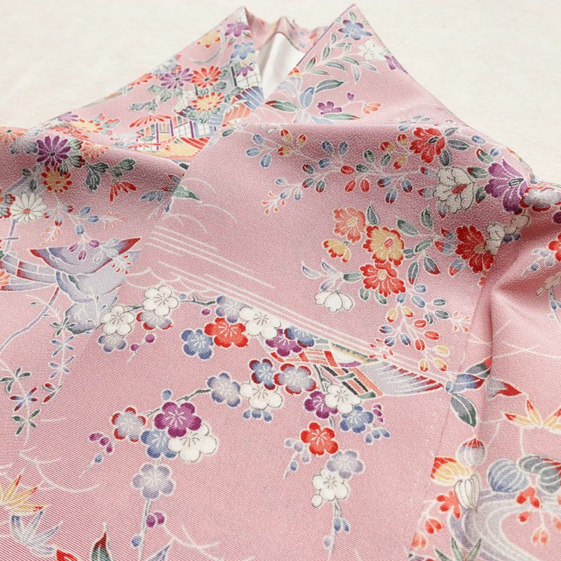 小紋 良品 しつけ糸付き 縮緬 正絹 風景柄 袷仕立て 身丈160.5cm 裄丈64.5cm リサイクル着物 着物 ピンク_画像18