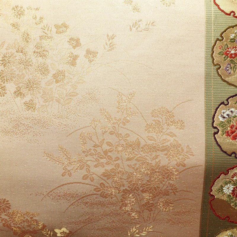 名古屋帯 六通柄 良品 正絹 古典柄 名古屋仕立て なごや帯 リサイクル帯 帯 引箔 雪輪 麻の葉 ベージュ_画像2