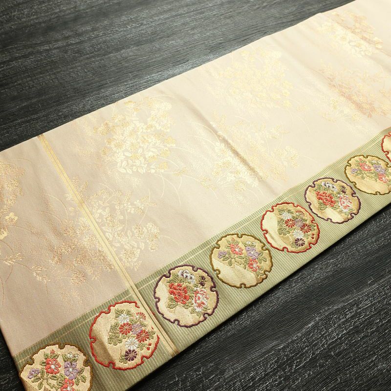 名古屋帯 六通柄 良品 正絹 古典柄 名古屋仕立て なごや帯 リサイクル帯 帯 引箔 雪輪 麻の葉 ベージュ_画像8