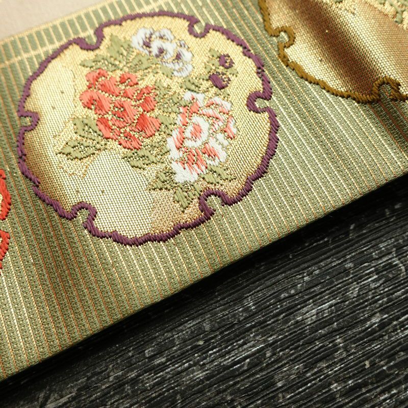 名古屋帯 六通柄 良品 正絹 古典柄 名古屋仕立て なごや帯 リサイクル帯 帯 引箔 雪輪 麻の葉 ベージュ_画像12