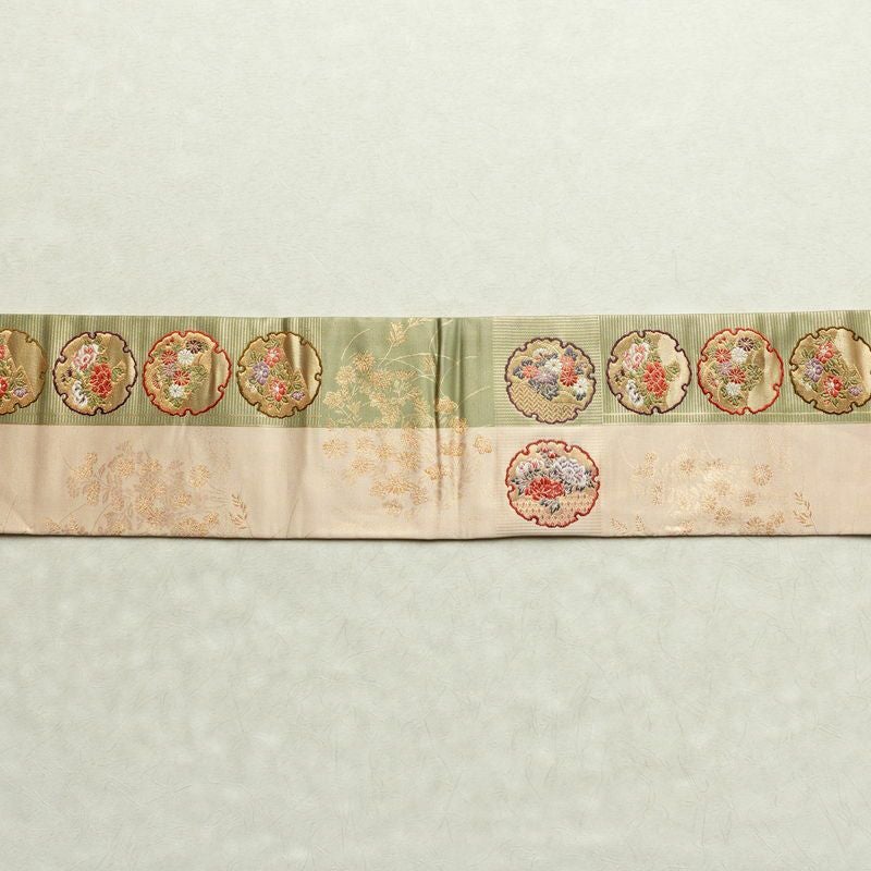 名古屋帯 六通柄 良品 正絹 古典柄 名古屋仕立て なごや帯 リサイクル帯 帯 引箔 雪輪 麻の葉 ベージュ_画像22