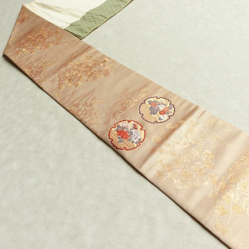 名古屋帯 六通柄 良品 正絹 古典柄 名古屋仕立て なごや帯 リサイクル帯 帯 引箔 雪輪 麻の葉 ベージュ_画像23