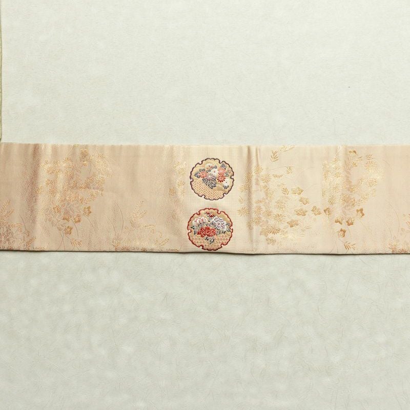 名古屋帯 六通柄 良品 正絹 古典柄 名古屋仕立て なごや帯 リサイクル帯 帯 引箔 雪輪 麻の葉 ベージュ_画像25