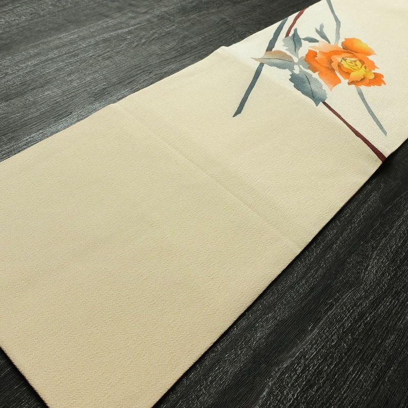 名古屋帯 太鼓柄 縮緬 正絹 花柄 名古屋仕立て なごや帯 リサイクル帯 帯 シンプル クリーム_画像9