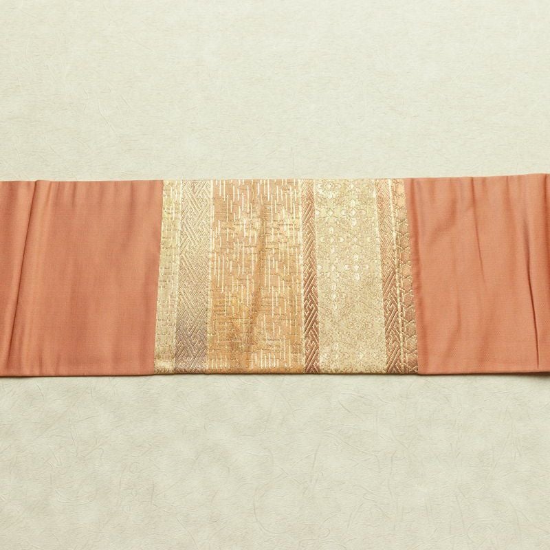 名古屋帯 太鼓柄 良品 正絹 縞柄・線柄 名古屋仕立て なごや帯 リサイクル帯 帯 ピンクオレンジ 橙_画像14
