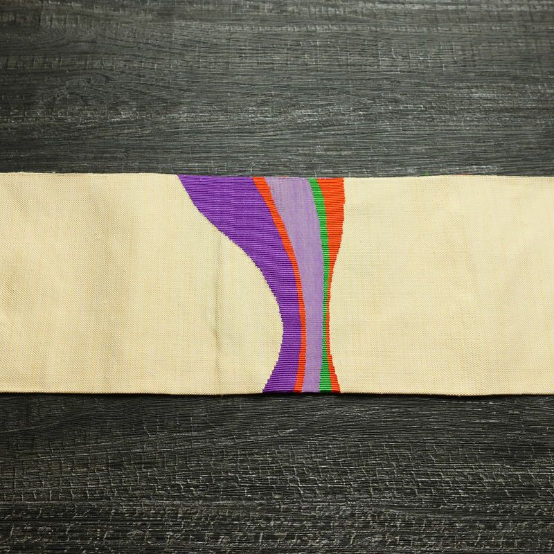 名古屋帯 太鼓柄 良品 正絹 幾何学柄・抽象柄 名古屋仕立て なごや帯 リサイクル帯 帯 モダン クリーム_画像14