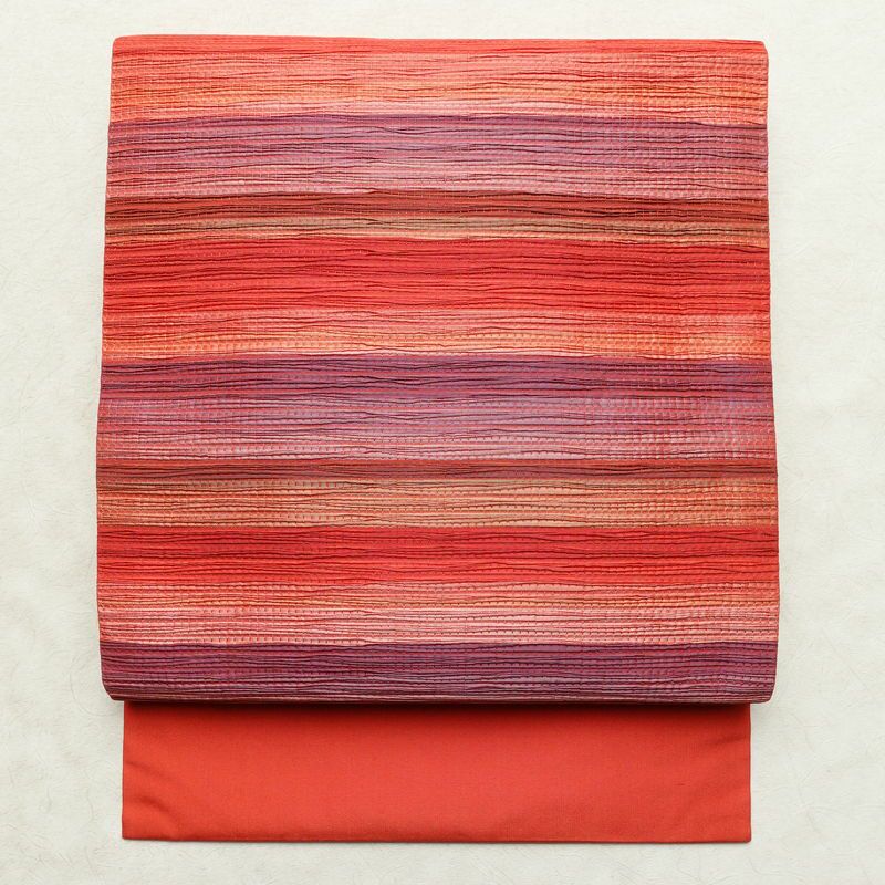 名古屋帯 太鼓柄 正絹 縞柄・線柄 名古屋仕立て なごや帯 リサイクル帯 帯 モダン 赤・朱_画像1