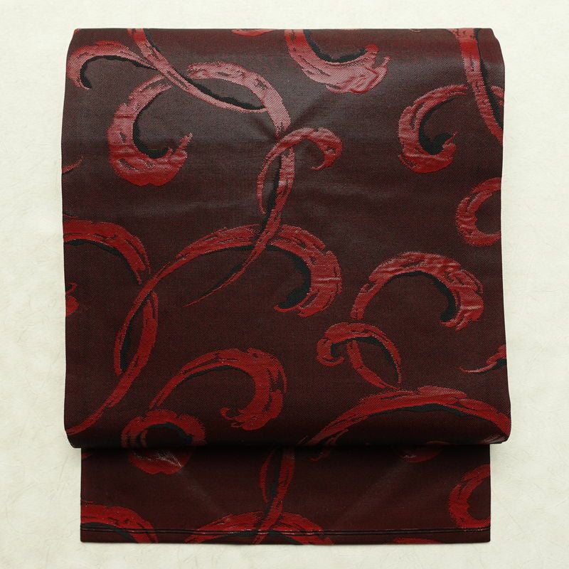 名古屋帯 六通柄 良品 正絹 木の葉・植物柄 名古屋仕立て なごや帯 リサイクル帯 帯 小豆・エンジ_画像1
