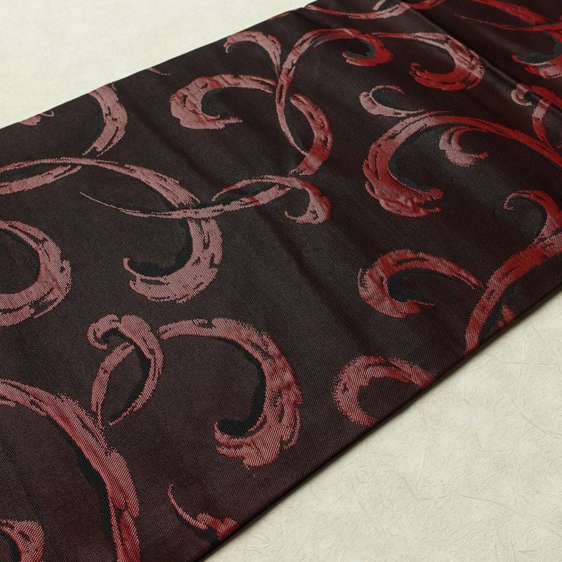 名古屋帯 六通柄 良品 正絹 木の葉・植物柄 名古屋仕立て なごや帯 リサイクル帯 帯 小豆・エンジ_画像11