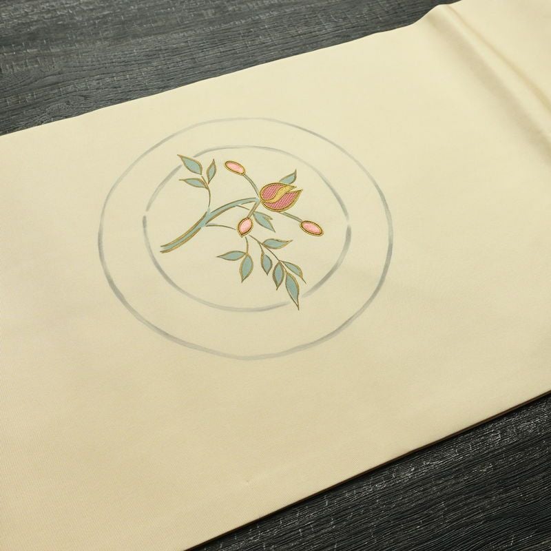 名古屋帯 太鼓柄 良品 正絹 花柄 名古屋仕立て なごや帯 リサイクル帯 帯 刺繍 シンプル ベージュ_画像10