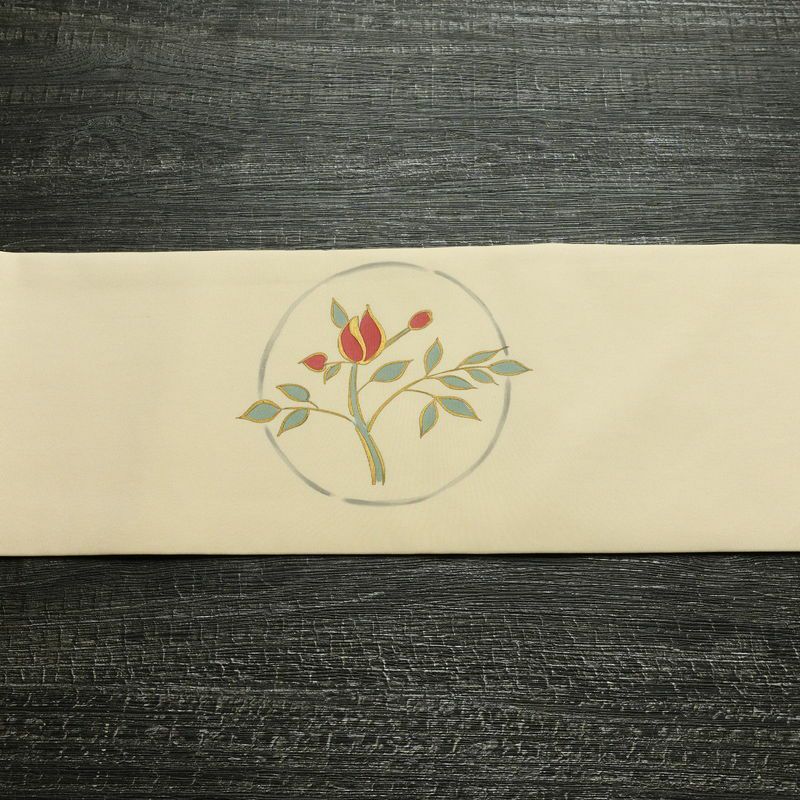 名古屋帯 太鼓柄 良品 正絹 花柄 名古屋仕立て なごや帯 リサイクル帯 帯 刺繍 シンプル ベージュ_画像13