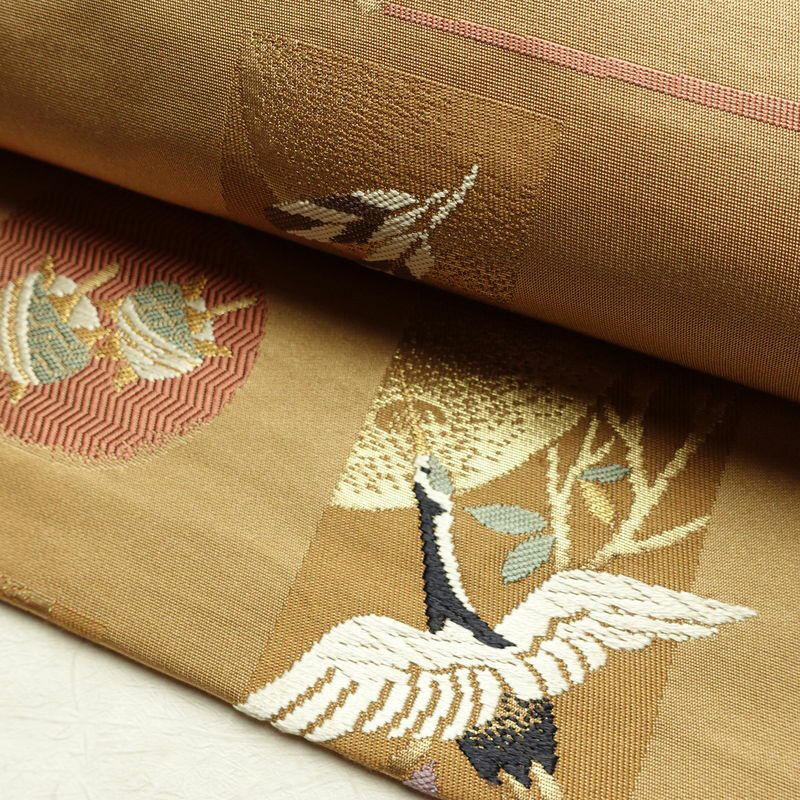 名古屋帯 六通柄 良品 正絹 古典柄 名古屋仕立て なごや帯 リサイクル帯 帯 箔 黄・黄土色_画像9