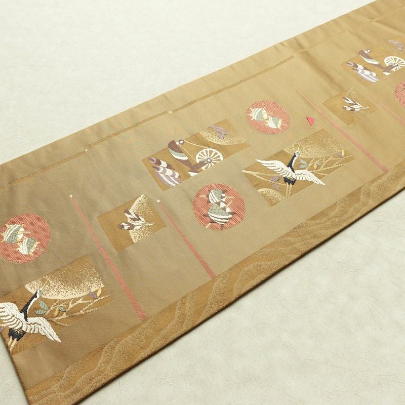 名古屋帯 六通柄 良品 正絹 古典柄 名古屋仕立て なごや帯 リサイクル帯 帯 箔 黄・黄土色_画像10
