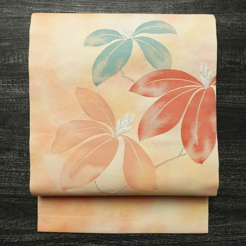 名古屋帯 太鼓柄 正絹 花柄 名古屋仕立て なごや帯 リサイクル帯 帯 金糸 シンプル オレンジベージュ 橙_画像1