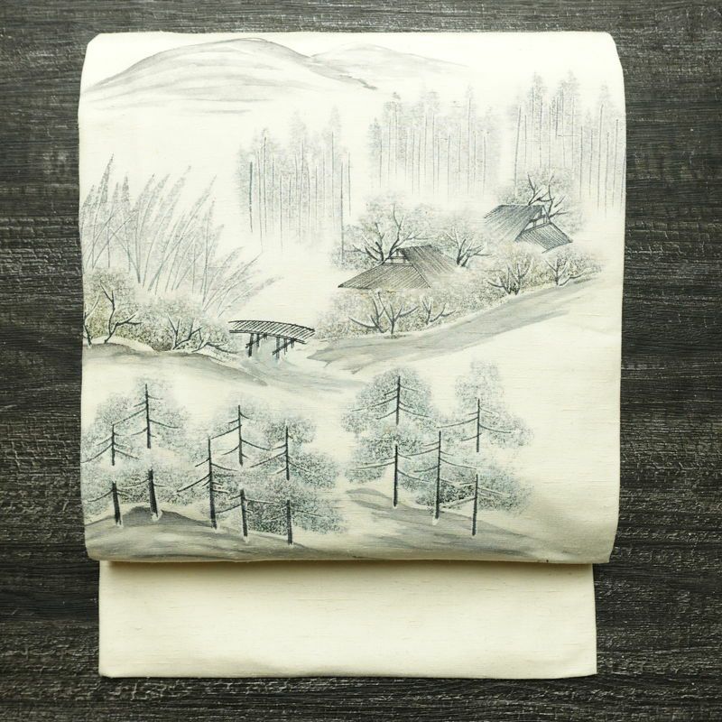 名古屋帯 太鼓柄 落款入り 正絹 風景柄 名古屋仕立て なごや帯 リサイクル帯 帯 白_画像1