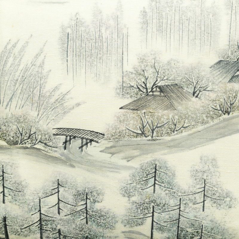 名古屋帯 太鼓柄 落款入り 正絹 風景柄 名古屋仕立て なごや帯 リサイクル帯 帯 白_画像2