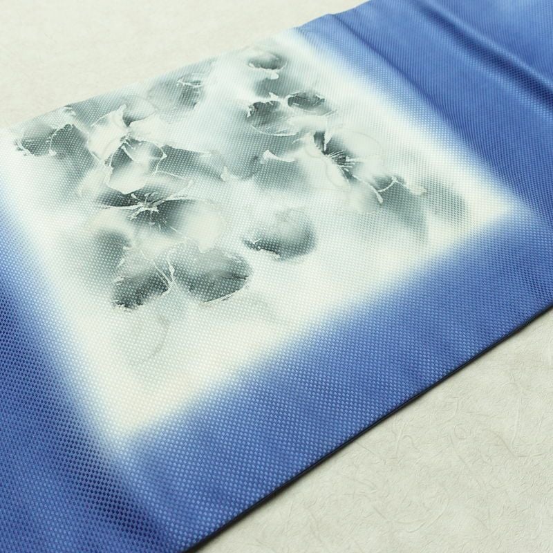 名古屋帯 斉藤三才 太鼓柄 落款入り 正絹 花柄 名古屋仕立て なごや帯 リサイクル帯 帯 シンプル 青・紺_画像10