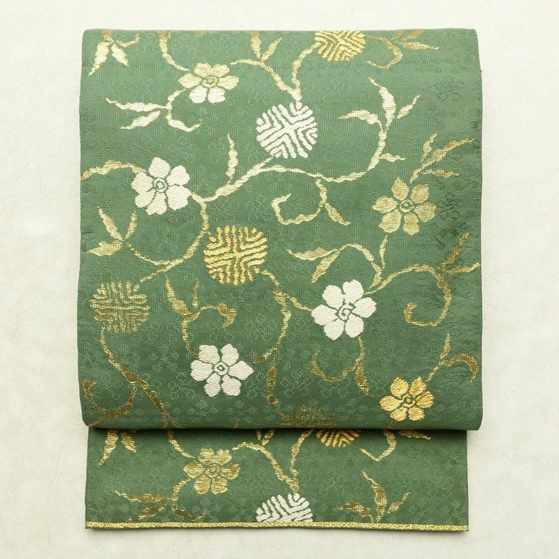 袋帯 太鼓柄 フォーマル用 正絹 花柄 リサイクル帯 帯 金糸 緑・うぐいす色_画像1