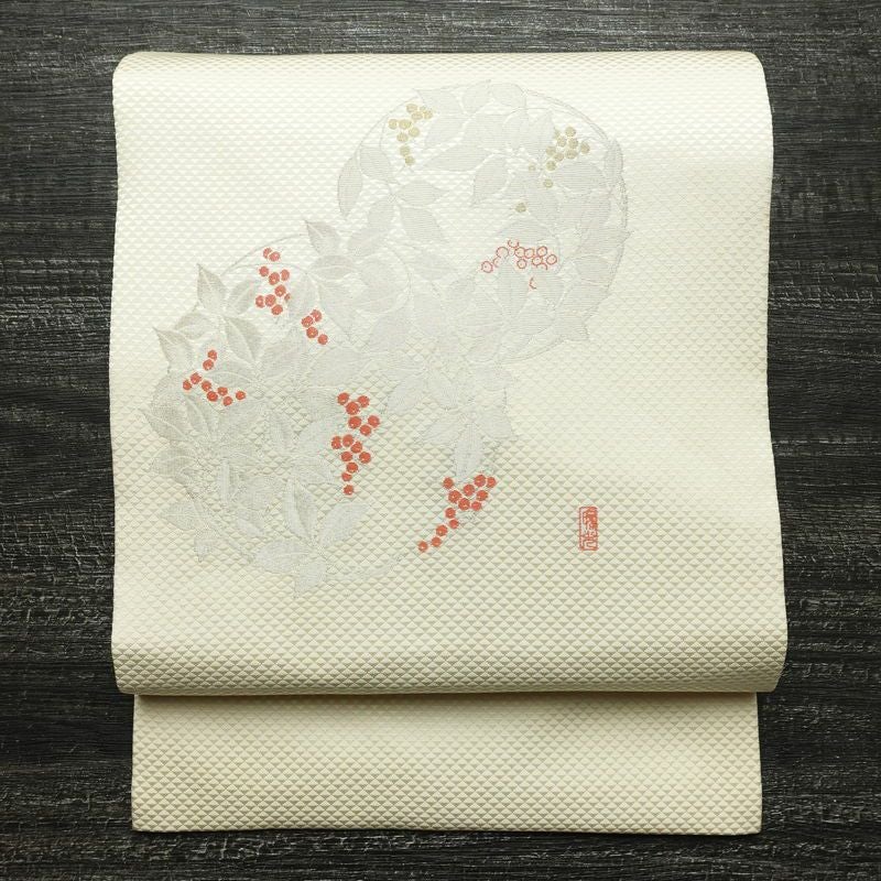 名古屋帯 太鼓柄 美品 落款入り 正絹 木の葉・植物柄 名古屋仕立て なごや帯 リサイクル帯 帯 シンプル_画像1