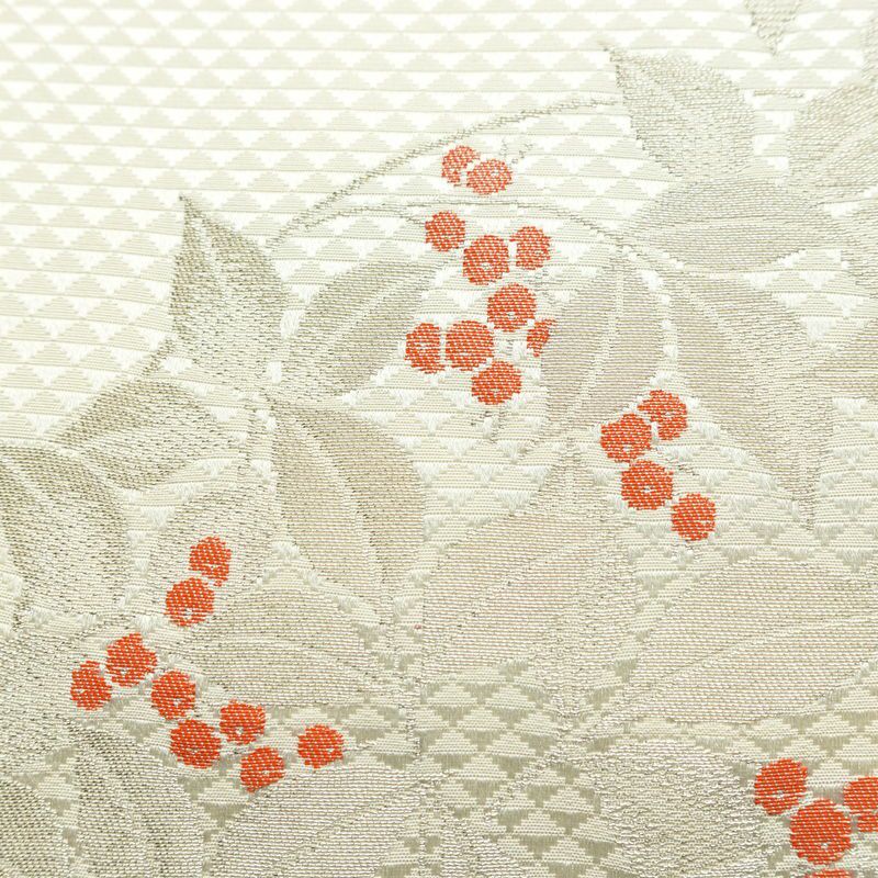 名古屋帯 太鼓柄 美品 落款入り 正絹 木の葉・植物柄 名古屋仕立て なごや帯 リサイクル帯 帯 シンプル_画像4