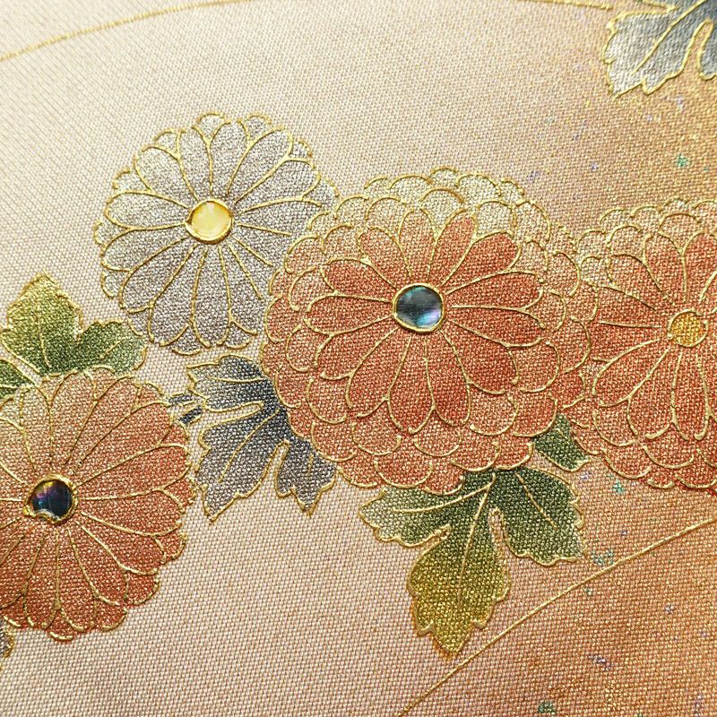 名古屋帯 螺鈿箔 太鼓柄 良品 しつけ糸付き 正絹 花柄 名古屋仕立て なごや帯 リサイクル帯 帯 箔 金彩 ベージュ_画像5